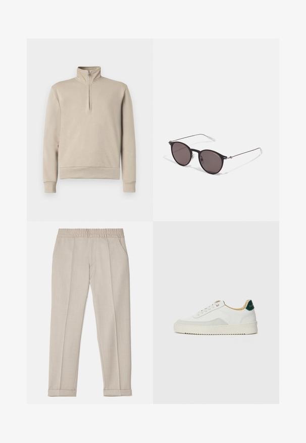 Felpa beige con collo alto e zip frontale a metà, maniche lunghe e polsini e orlo a costine. Tessuto morbido, design minimal.; Filippa K TERRY CROPPED TROUSERS - Pantaloni - sage melange; Sneaker bianco con accenti in camoscio, punta rotonda, lacci piatti e suola in gomma crema. Presenta un marchio verde sul tallone.; Occhiali da sole neri rotondi con lenti scure e sottili bracci in metallo. Include punte trasparenti e accenti argentati alla cerniera. Design minimalista.