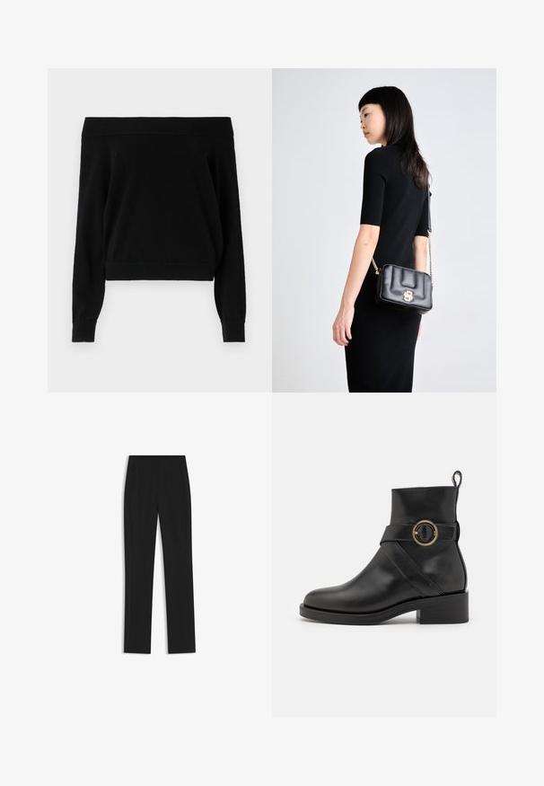 Schwarzer, schulterfreier Pullover mit langen Ärmeln, geripptem Halsausschnitt und Saum, aus einem weichen Textilgewebe gefertigt. Schlichtes, lässiges Design.; Schwarze maßgeschneiderte Hose mit geradem Bein, ausgestattet mit Fronttaschen und einem glatten, strukturierten Stoff. Saubere, minimale Details.; BOSS IRYNA BOOTIE - Plateaustiefelette - black; Schwarze Leder-Umhängetasche mit einem goldenen Verschluss, gestepptem Design und Kettenriemen. Kompakte rechteckige Form, minimalistische Hardware-Akzente.
