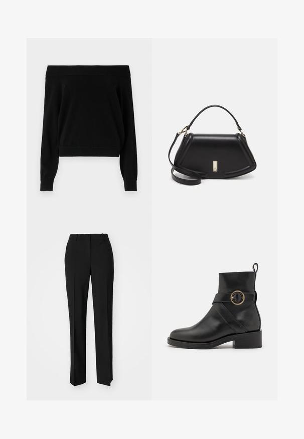 Schwarzer, schulterfreier Pullover mit langen Ärmeln, geripptem Halsausschnitt und Saum, aus einem weichen Textilgewebe gefertigt. Schlichtes, lässiges Design.; Schwarze, taillierte Hose mit geradem Bein, aus einem glatten Stoff und mit klaren Falten an der Vorderseite. Keine sichtbare Hardware.; BOSS IRYNA BOOTIE - Plateaustiefelette - black; Schwarze Lederhandtasche mit einem strukturierten Design, das eine verkürzte Form, einen oberen Griff und goldfarbene Hardware-Details aufweist. Verstellbarer Schulterriemen ist enthalten.