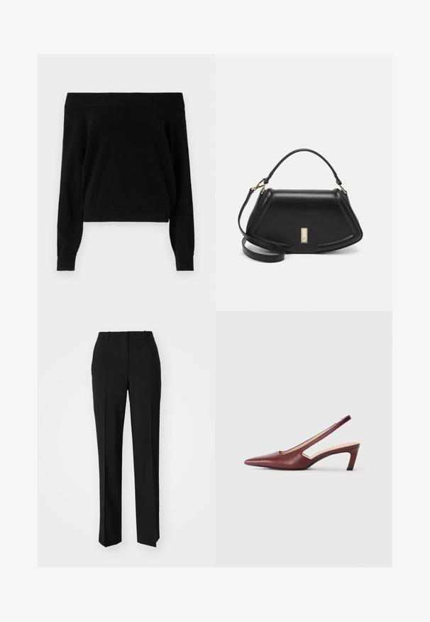 Schwarzer, schulterfreier Pullover mit langen Ärmeln, geripptem Halsausschnitt und Saum, aus einem weichen Textilgewebe gefertigt. Schlichtes, lässiges Design.; Schwarze, taillierte Hose mit geradem Bein, aus einem glatten Stoff und mit klaren Falten an der Vorderseite. Keine sichtbare Hardware.; Burgunderfarbene Slingback-High Heels mit spitzer Zehenform, Ausschnitten an den Seiten und einem Blockabsatz in mittlerer Höhe. Glatte Lederoberfläche.; Schwarze Lederhandtasche mit einem strukturierten Design, das eine verkürzte Form, einen oberen Griff und goldfarbene Hardware-Details aufweist. Verstellbarer Schulterriemen ist enthalten.