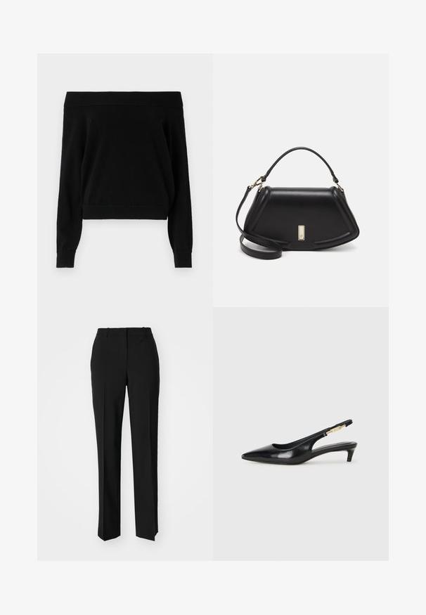 Musta olkaamaton neulepusero, jossa on pitkät hihat, ribbaus kaula-aukossa ja helmassa, valmistettu pehmeästä teksturoidusta materiaalista. Yksinkertainen, rento muotoilu.; Mustat räätälöidyt housut suoraa lahjetta, joissa on sileä pinta ja terävät taitteet edessä. Ei näkyvää metalliosaa.; Mustat nahkaiset slingback-korkokengät, joissa on terävä kärki, ohuet korot ja kultasävytteinen yksityiskohta säädettävässä hihnassa. Silkkinen pinta.; Mustalla nahkalaukulla, jossa on jämäkkä muotoilu, lyhyt malli, yläkahva ja kultaiset yksityiskohdat. Säädettävä olkahihna sisältyy.