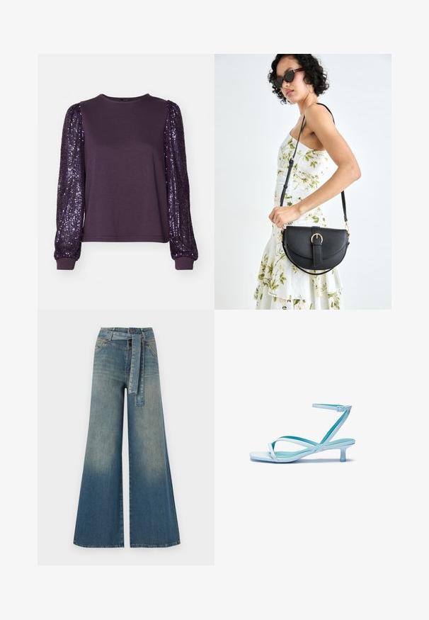 Lilla langermet topp med myk stoffkropp og paljettbelagte pufferm, med rund halslinning og tettsittende mansjetter.; Bredde ben jeans med en lyseblå til mørkeblå gradient, høyt liv, beltehemper og et matchende belte i samme stoff. Teksturert denimoverflate.; Lys blå sandaler med stroppene, firkantet tå, lav hæl, justerbar ankelrem og glatt, blank overflate. Kryssete stropper på fotsengen.; Svart lærveske med en buet form, avtagbar stropp og gullbeslag. Vesken har et klaff med spenne-detall.