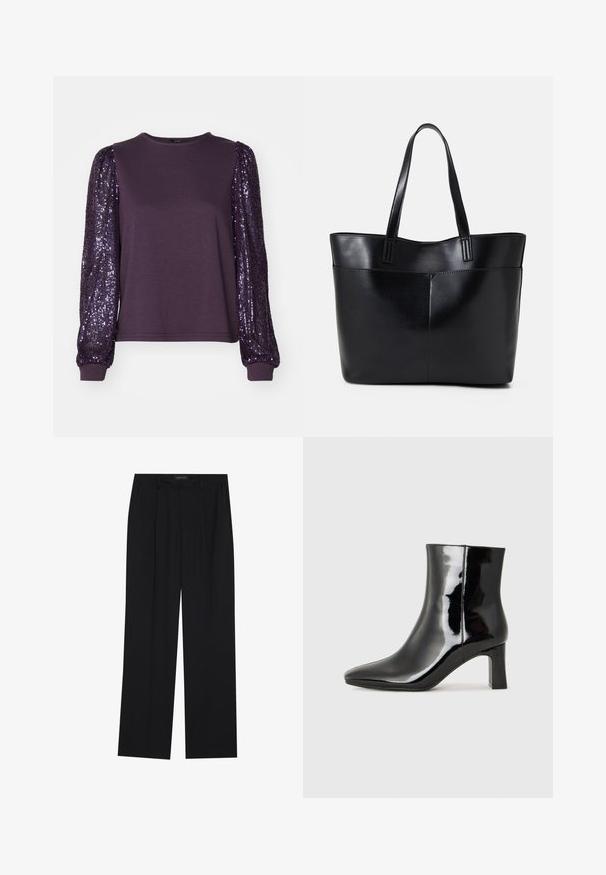 Lilla pika varrukaga topp pehme kangaga kehaga ja sädeleva puffvarrukaga, millel on ümmargune kaelus ja kitsad mansetid.; Mustad püksid sirgjoonelise disainiga, millel on kaks esist taskut ja muudatus. Valmistatud siledast, kergekaalulisest kangast.; Must-sinine nahkjalats musta läikiva viimistlusega, millel on terav nina ja keskmise kõrgusega plokk konts. Sile tekstuur ja minimalistik disain.; Must mustaga musta nahast, millel on kaks pikka kanda, sile tekstuur ja struktureeritud kuju. Esipoolsel on lisakoti jaoks tasku.