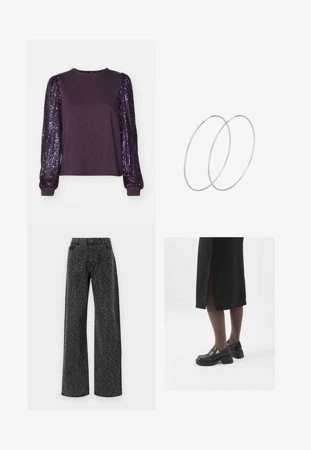 Violetti pitkähihaine paita, jossa on pehmeä kangasrunko ja paljeteilla koristellut puffihihat, pyöreä pääntie ja istuvat hihansuut.; Noisy May NMJANNEL LOOSE - Relaxed fit -farkut - black denim; Mustat nahkakengät pyöreällä kärjellä, paksulla lohkopohjalla ja joustavilla sivuakkesseilla, yhdistettynä tummiin sukkahousuihin ja mustaan hameeseen, jossa on halkio.; Hopehope hopeilla, joissa on minimalistinen muotoilu. Pyöreä muoto, sileä pinta ja ohut profiili. Kevyet ja kiillotetut.