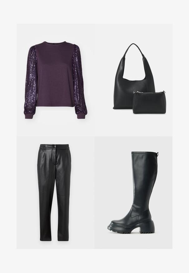 Μωβ μπλούζα μακρύ μανίκι με μαλακό ύφασμα στο σώμα και πούλιες στα μανίκια, με στρογγυλή λαιμόκοψη και σφιχτές μανσέτες.; Μαύρο δερμάτινο παντελόνι με λεία υφή, ίσια γραμμή, ελαστική μέση και μπροστινό κούμπωμα με κουμπί; πιέτες και σιλουέτα που στενεύει προς τα κάτω.; Ψηλή μαύρη δερμάτινη μπότες με χοντρή πλατφόρμα και τετράγωνη τακούνι, διαθέτει λαβή και υφασμάτινη επιφάνεια στην εξωτερική σόλα.; Even&Odd SET - Τσάντα χειρός - black