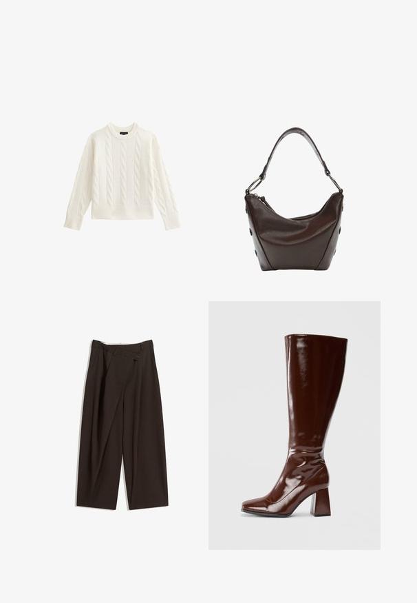 Biały sweter z wełny o splocie warkoczowym, z długimi rękawami oraz ściągaczem przy mankietach i u dołu, z okrągłym dekoltem, prezentowany na białym tle.; Ciemnobrązowe szerokie spodnie o wysokim stanie, z pojedynczym zapięciem na guzik i plisowanym przodem. Wykonane z lekkiego materiału.; Brązowe, lakierowane botki do kolan z kwadratowym noskiem, błyszczącym wykończeniem i masywnym obcasem dla lepszej stabilności. Bezszwowy design bez widocznych detali.; Ciemnobrązowa skórzana torebka o zaokrąglonym kształcie, zamykana na zamek błyskawiczny, z krótkim uchwytem. Posiada metalowe elementy i ozdobne czarne guziki po bokach.