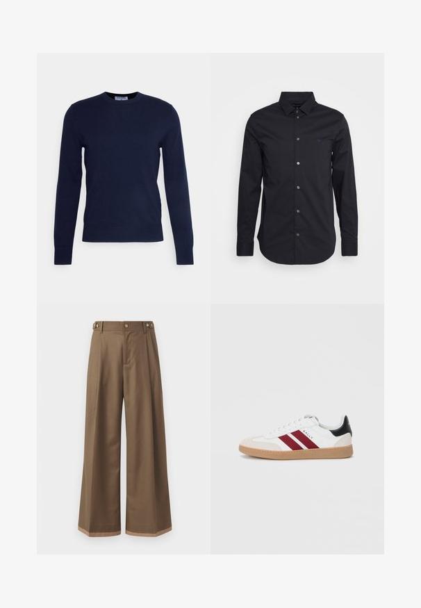 Tumši zils kreklveida džemperis, izgatavots no mīksta auduma, ar garām piedurknēm un ribotu apakšmalu. Nav redzamu rakstu vai rotājumu.; Melnas garās piedurknes pogājamas krekls, kas izgatavots no gludas auduma, ar klasisku apkakli, pilna garuma piedurknēm un nelielu logotipu uz krūšu.; Plati bikses tumši brūnā audumā, ar divām sānu kabatām, diviem dekoratīviem priekšējiem pogām un kontrastējošu apakšējo malumu detaļu.; Baltas zemas sporta apavu pāris ar divām marokas krāsas svītrām, zamša purngaliem un melnu akcentu uz papēža, kā arī gumijas zoli.