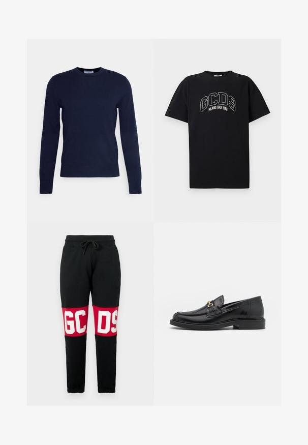Navy blue crew-neck sweater made of soft fabric, featuring long sleeves and a ribbed hem. No visible patterns or embellishments.; Black cotton t-shirt with short sleeves. Features white GCDS logo and "MILANO ITALY 1988" text in an arch. Standard fit and crew neck.; Black sweatpants with red knee patches featuring large white letters "GCDS," elastic waistband with drawstring, and tapered elastic cuffs.; Black leather loafers with a rounded toe, featuring gold hardware accent and stitching detail, set on a low, textured rubber sole.