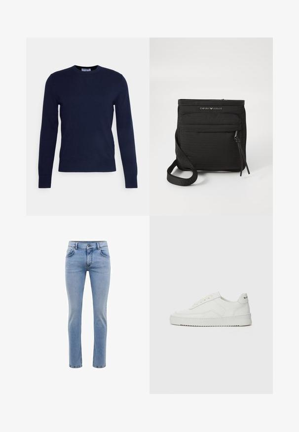 Tumedat navy-sinise värvi ümarkaelusega soojusjakid, mis on valmistatud pehmest kangast, pikkade varrukate ja ribakujulise alläärega. Pole nähtavaid mustreid ega kaunistusi.; Heledad sinine denimist teksapüksid, kitsas lõige, viie taskuga ja sirge jalaga disain. Omab tõmblukkuga lukkuklappi ja vöörihmasid. Pehme tekstuur.; Valge nahast tennis, millel on sile põhi, ümar varvas, lamedad nöörid ja tekstuuriline tall. Sisaldab diskreetset logo kontsaribal.; Must musta Emporio Armani ristiõla kott, millel on eesne lukuga tasku, reguleeritav rihm ja logo detail tekstureeritud kangal.