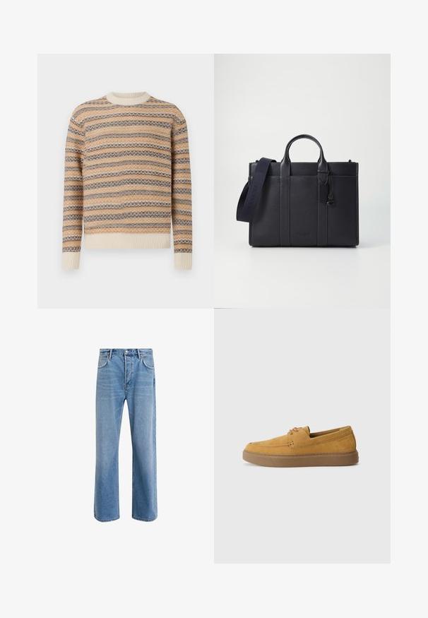 Knitted sweater in beige, brown, and cream with zigzag striped pattern. Features crew neckline and ribbed cuffs and hem.; Light blue denim jeans with a straight-leg design, five pockets, button closure, minimal fading, and contrasting stitching details.; Brown suede slip-on shoes with a textured finish, round toe, and contrasting rubber sole. Features subtle branding near the heel.; Dark navy leather briefcase with dual top handles and a detachable strap. Features textured finish, vertical stitching, and logo detail.