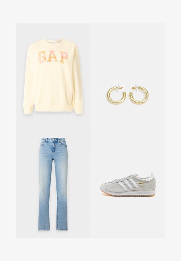 Kollane pusakas, mis on valmistatud pehmest kangast, sisaldab ülisuurte iridessentsete tähtedega "GAP" logot. Ümmargune kaelus ja pikad varrukad, soonilised varrukalõpud.; Heledad sinine teksapüksid kõrge vöökoht, sirge sääre lõige ja peen kulumine. Varustatud viie tasku ja vöökummiga.; Heled hallid tossud, mis on valmistatud nubukist ja võrgust, millel on kolm valget triipu, ümmargune varvas ja kummist tald. Kuldne logoelement paelte lähedal.; Kuldne rõngassõrmused sileda ja läikiva viimistlusega. Ringikujuline disain, millel on väike post ja selge tagumine külg, et tagada kindel kandmine.