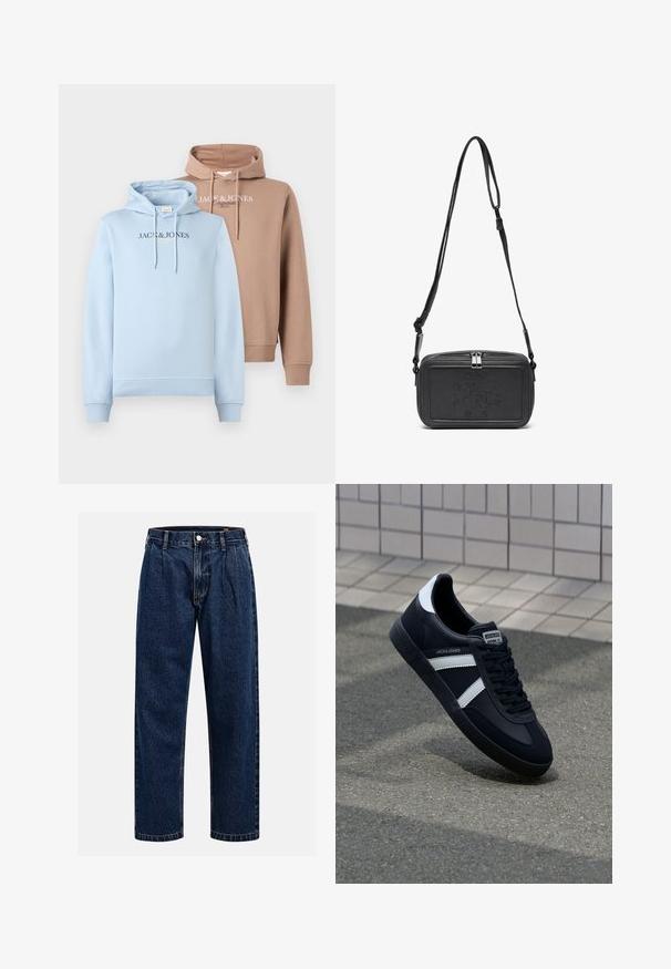 Hoodies in Hellblau und Beige, mit einer vorderen Kängurutasche, Kapuze mit Kordelzug und dem Schriftzug "JACK & JONES" quer über die Brust in kontrastierenden Farben.; Dunkelblaue Denim-Jeans mit geradem Bein. Mit sichtbaren Nähten, einem Knopfverschluß und Frontfalten für zusätzliche Details.; Schwarze Leder-Sneaker mit weißen Streifen, strukturiertem Gummisohle und Schnürung. Verfügt über ein Markenetikett auf der Zunge.; Schwarze Leder-Crossbody-Tasche mit einem Reißverschluss, geprägtem Logo auf der Vorderseite und verstellbarem Riemen. Glatte Textur mit rechteckiger Form.