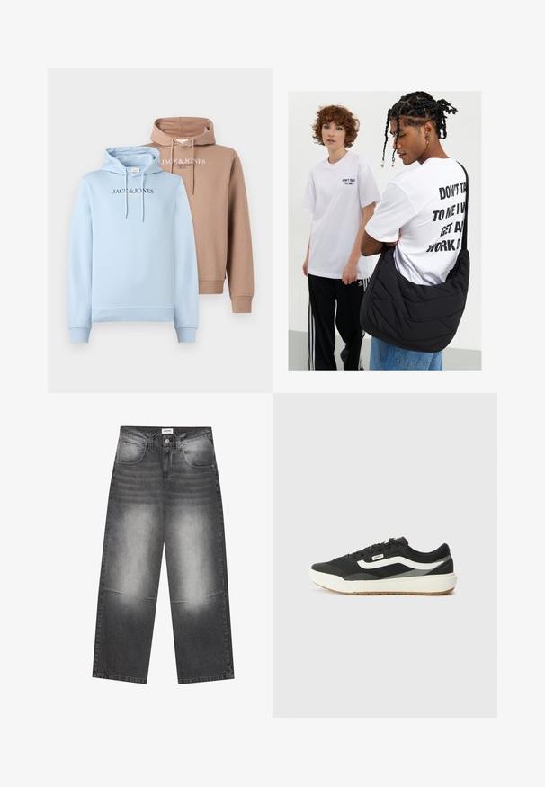 Hættejakker i lyseblå og beige, med en frontlomme i kengurustil, snøre i huen og "JACK & JONES" logoet hen over brystet i kontrastfarver.; Bredde ben sorte denimjeans med en falmet grå finish, der har frontlommer, knaplukning og let slid på knæene.; Sorte sneakers med hvide detaljer, med en glat syntetisk overdel, rund form og gummisåler, parret med lyse beige bukser.; Sort quiltet skuldertaske med en blød tekstur, båret af en person i en hvid grafisk T-shirt med fed tekst. Afslappet outfit med denim.
