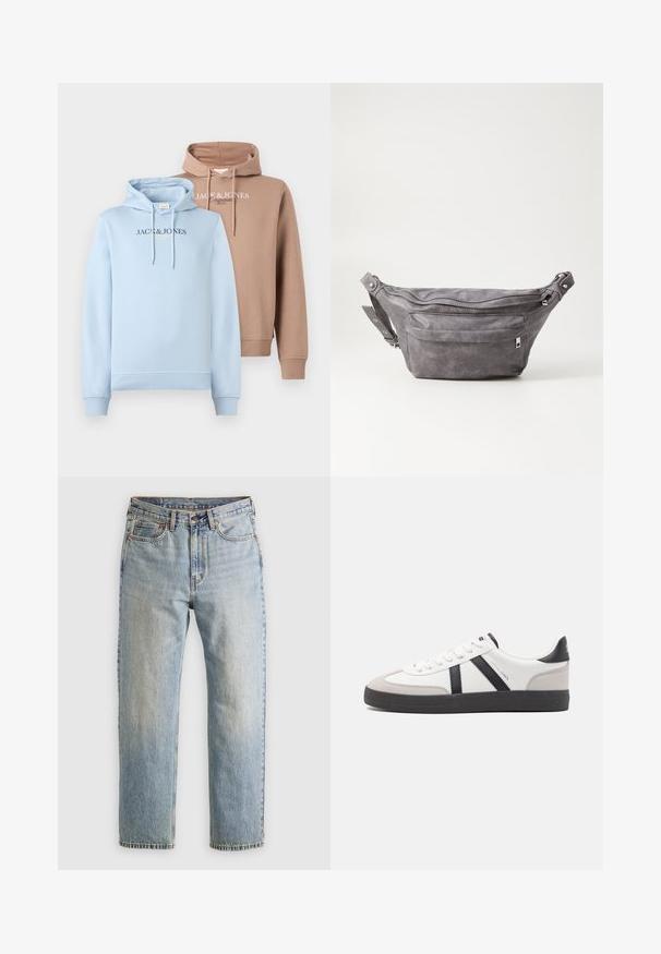 Mikiny v svetlomodrej a béžovej farbe, so prednou kengurou vreckom, s kapucňou na šnúrky a logom "JACK & JONES" na hrudi v kontrastných farbách.; Svetlomodré džínsy s vysokým pásom, predným gombíkom, zipsom a dizajnom s piatimi vreckami, rozložené na neutrálnom pozadí.; Biele tenisky s čiernymi a šedými akcentmi, s textúrovanou šedou špičkou, čiernou gumovou podrážkou a plochými bielymi šnúrkami. Čistý dizajn, minimalistický štýl.; Sivá semišová ľadvinka s okrúhlym tvarom, dvoma zipsovými priehradkami a nastaviteľným popruhom. Obsahuje kovové prvky.