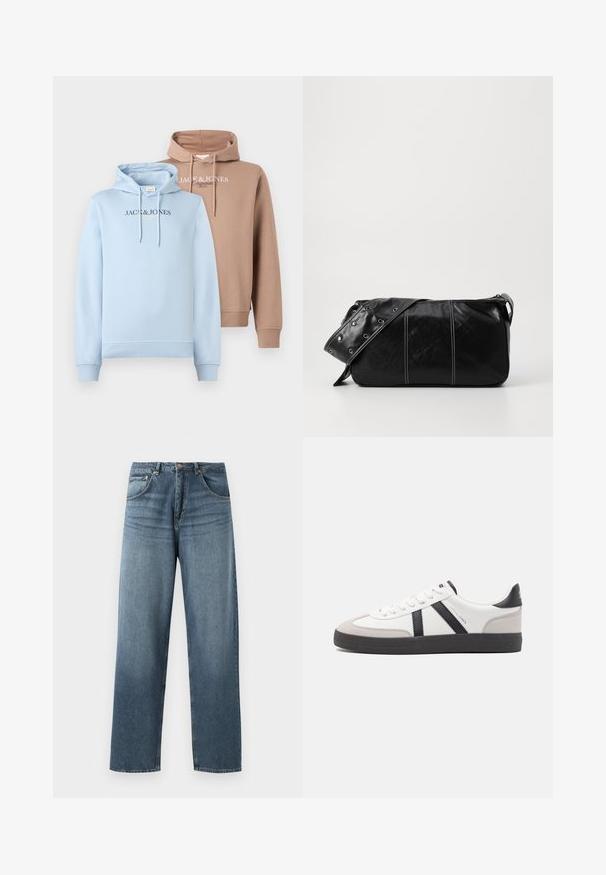 Felpe con cappuccio in azzurro chiaro e beige, caratterizzate da una tasca a marsupio anteriore, cappuccio con coulisse e logo "JACK & JONES" sulla parte anteriore in colori a contrasto.; Jeans in denim blu a gamba dritta con un lavaggio sbiadito, dotati di cinque tasche, bottone in metallo e passanti per cintura. Tessuto strutturato di peso medio.; Sneaker bianco con accenti neri e grigi, dotata di una punta grigia testurizzata, suola in gomma nera e lacci bianchi piatti. Design pulito, stile minimalista.; Borsa a spalla in pelle nera con chiusura a zip, caratterizzata da un corpo testurizzato, cuciture bianche e una tracolla con occhielli in argento.