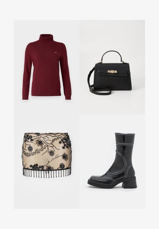 GANT ROLLNECK - Neule - plumped red; Musta, koristeellinen mini-hame, jossa on kukka-appliquéja, paljetteja ja helmi-fringekuvio. Valmistettu läpikuultavasta materiaalista, jossa on monimutkaisia yksityiskohtia.; Musta lakattu nahkasaapas nilkkamallissa, jossa on valkoiset ompeleet, pyöreä kärki ja lohkarekorko. Ominaisuuksiin kuuluvat kaarevat muotoilulinjat ja sileä pinta.; Mustat nahkalaukku, jossa on jäsennelty muotoilu, ylhäällä olevat kahvat, irrotettava olkahihna ja kultasävyinen metalliosat. Edessä on klipsilukitus.