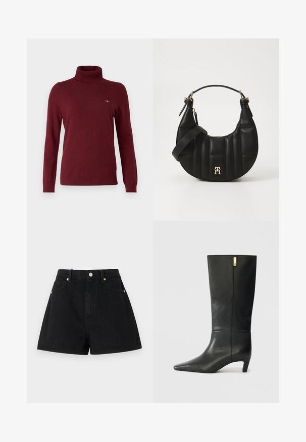GANT ROLLNECK - Jumper - plumped red; Black denim shorts with a high waist, five pockets, silver hardware, and a standard fit, featuring a smooth texture and clean finishing.; Black leather knee-high boot with a pointed toe and a small heel. Features a sleek design with a gold accent detail. Smooth texture.; Black leather handbag with a curved shape, quilted texture, and gold hardware. Features a detachable shoulder strap and logo detail.