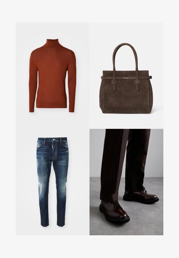 Bronze ribbed turtleneck sweater with long sleeves, featuring a fitted design and textured fabric, suitable for layering or standalone wear.; White cotton sleeveless tank top with a round neckline, featuring a smooth texture and a fitting shape, designed for casual wear.; Dark blue denim jeans with a slim fit, featuring faded areas on the thighs and knees, five pockets, and a metal button closure.; Brown leather lace-up shoes with a glossy finish, black rubber sole, and subtle stitching. Worn with pinstriped brown trousers.; Dark brown suede tote bag with dual handles and a horizontal strap featuring a small gold DSQUARED2 logo plaque.