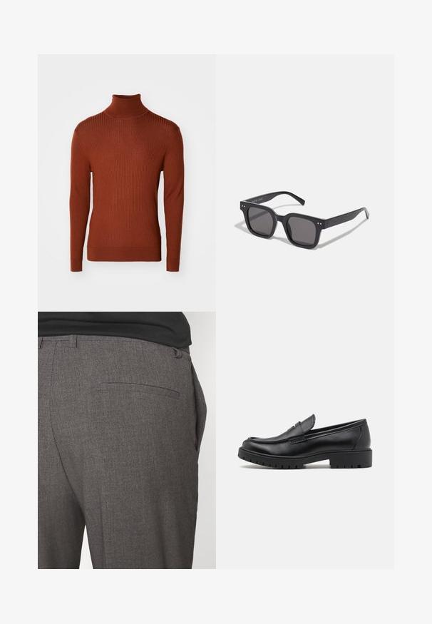 Bronzen geribde coltrui met lange mouwen, voorzien van een aansluitend ontwerp en textuurstof, geschikt voor layering of als zelfstandige kleding.; Grijze op maat gemaakte broeken met een gladde textuur, voorzien van een enkele achterzak en een slim fit ontwerp. De stof heeft een subtiel patroon.; Zwarte leren instappers met een ronde neus, slip-on ontwerp en dikke rubberen zool met een gestructureerde grip. Verhoogde hak en subtiele stikdetails.; Zwarte rechthoekige zonnebril met donkere lenzen, voorzien van een dik montuur, subtiele accenten aan de zijkanten en zonder zichtbare logo's behalve de merknaam.; Canvas draagtas in lichtbeige met twee stevige handvatten, contrasterende witte afwerking en het logo "THE NORTH FACE" in het zwart aan de voorkant.