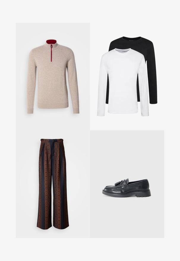 Beige Pullover mit hohem Kragen und einem kurzen Reißverschluss. Verfügt über rote Akzente entlang des Reißverschlusses und hat eine glatte, weiche Textur.; Zwei Langarmshirts, eines schwarz und eines weiß, aus Baumwolle mit Rundhalsausschnitten und glatter Textur, in einer gestapelten Anordnung präsentiert.; Weite Hosen aus dunkelblauem Stoff mit einem aufwendigen orangen geometrischen Muster, mit gefaltetem Vorderteil und einem taillierten Bund.; Schwarze Leder Slipper mit abgerundeter Spitze, einem Riemen mit Quasten und einer dicken Sohle mit einem Profilmuster. Glatte Textur und klassisches Design.