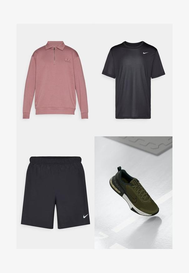 Gai rozā džemperis ar rāvējslēdzēju apkaklē, garām piedurknēm, ribinātām aprocēm un izšūtu emblēmu uz kreisā krūtīm. Gluda tekstūra.; Melna sporta t-krekls ar īsām piedurknēm, apaļu kakla izgriezumu, izgatavots no gludas auduma. Uz kreisās puses augšējā daļā ir neliels balts Nike logotips.; Melnas sporta šorti, izgatavoti no viegla materiāla, ar elastīgu jostu. Uz apakšējā kreisā stūra ir neliels balts Nike logo.; Olīvu zaļa sporta apava ar acs augšpusi, melniem accentiem un baltiem punktainajiem starpluži. Iespējas noapaļots purngals un papēžu amortizācija.