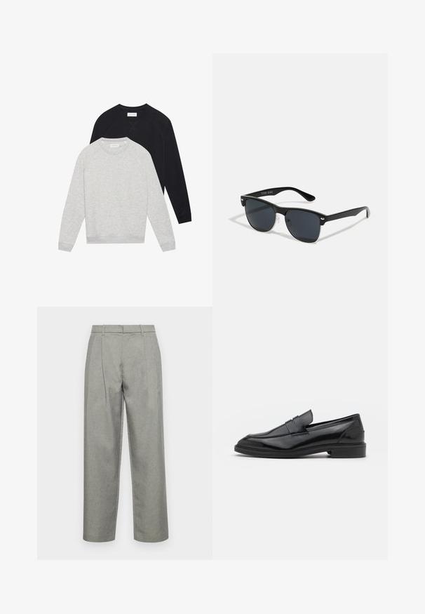 To lange langermede crewneck hettegensere, en lysegrå lagd foran en svart, begge med ribbestrikkede mansjetter og nederkant.; Grå skreddersydde bukser laget av teksturert stoff, med rett benkonstruksjon, frontfold og standard midje med beltesløyfer.; Sorte skinnloafers med en glatt overflate, med rund tå og en smal band over vristen. Lavt stablet hæl.; Sorte solbriller med rektangulær form, mørke linser, sølvfargede detaljer ved templene, og en matt finish på rammen.
