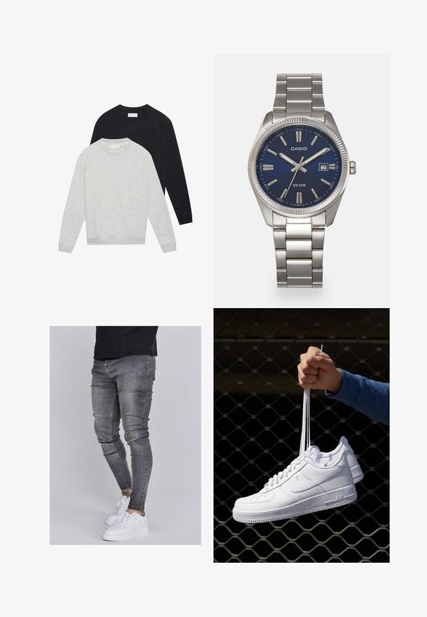 Twee langslavende sweatshirts met ronde hals, één lichtgrijs voor één zwart, beide met ribgebreide manchetten en zoom.; Skinny jeans in vervaagd grijs denim, met versleten details op de knieën, gecombineerd met witte sneakers. Gladde textuur, slank model.; Witte leren sneakers met perforaties, ronde neus, vlakke zool en dikke veters, met een zichtbare swoosh-logo en "AIR" op de hiel.; Zilveren roestvrijstalen horloge met een marineblauwe wijzerplaat, metalen uurmarkeringen en een datumnis op 3 uur. Waterbestendig tot 50 meter.