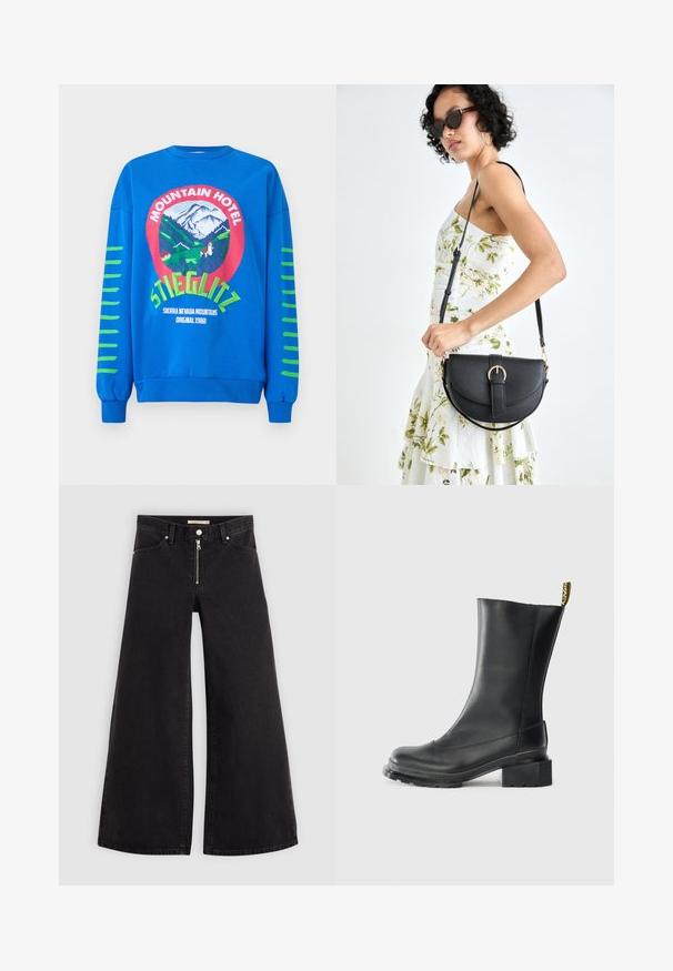 Sweatshirt azul com um gráfico redondo contendo o texto "Hotel da Montanha", montanhas e riscas verdes nas mangas. Material em mistura de algodão.; Calças de ganga de perna larga em denim preto com fecho éclair à frente, design de cinco bolsos e detalhes de costura subtil. Textura suave e estilo casual.; Botim de pele preta até ao tornozelo com um salto bloco, textura lisa, biqueira arredondada e uma aba de salto com uma marcação amarela.; Bolsa de couro preta com forma curva, alça destacável e detalhes em dourado. A bolsa possui uma aba com detalhe de fivela.
