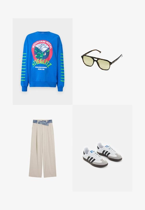 Blå sweatshirt med en rund grafik som har texten "Mountain Hotel", berg och gröna ränder på ärmarna. Tillverkad av bomullsblandning.; Ljusbeige vida byxor med denimmidja som har två knappar och plissédetaljer fram. Slät textur och avslappnad passform.; Sportskor med överdel i vit läder, grå mocka på tårna och tre svarta ränder. Har en blå logotyp på tungan och en texturerad gummisula.; Sköldpaddsmönstrade solglasögon med rektangulär form, grönt färgade linser och mönstrade acetatbågar. Innehåller metallaccenter nära linserna.