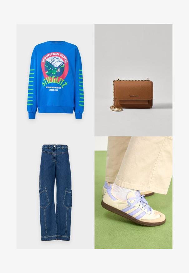 Blå sweatshirt med grafikk med rund form og teksten "Mountain Hotel", fjell og grønne striper på ermene. Laget av en bomullsblanding.; Blå denim cargo-bukser med høy midje, bred ben, to store sidelommer og tradisjonelle nagler og sømdetaljer.; Kremfargede og lavendelfargede joggesko med tre striper og en teksturert brun såle, med lisser og en polstret hæl. Mykt stofføvre.; Brun teksturert lær crossover-veske med gullkjede-stropp og klaffelukking. Fronten har logo-detalj og en lomme under klaffen.