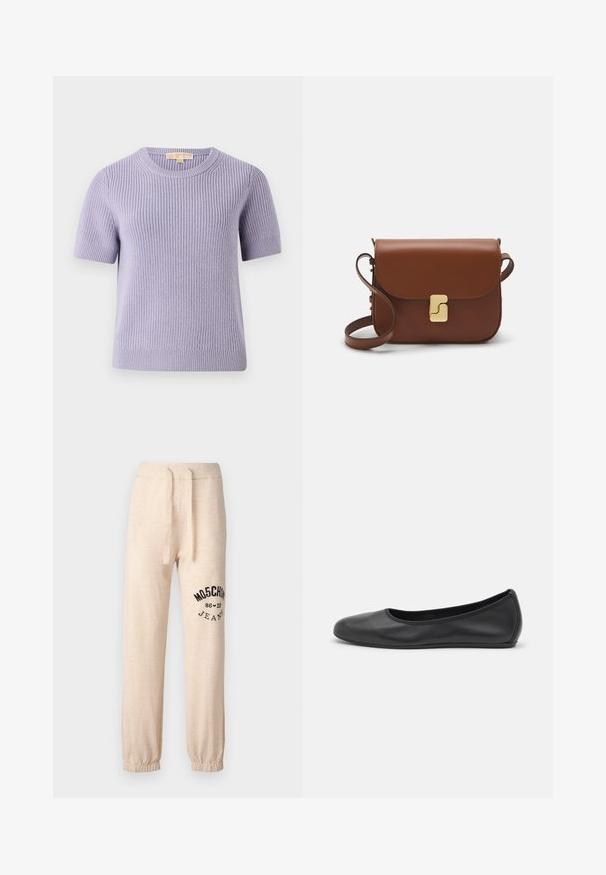 MICHAEL Michael Kors SHORT SHAKER - Jumper - sweet lilac; Beige sweatpants with elastic cuffs and waistband. Features a black printed logo "MOSCHINO 86 ❤ 23 JEANS" on the left thigh. Soft texture.; Black leather ballet flat with a rounded toe, smooth texture, minimal stitching detail, and a flexible sole design.; Brown leather handbag with a flap closure, gold-tone hardware, a shoulder strap, and a smooth texture. Compact rectangular shape.