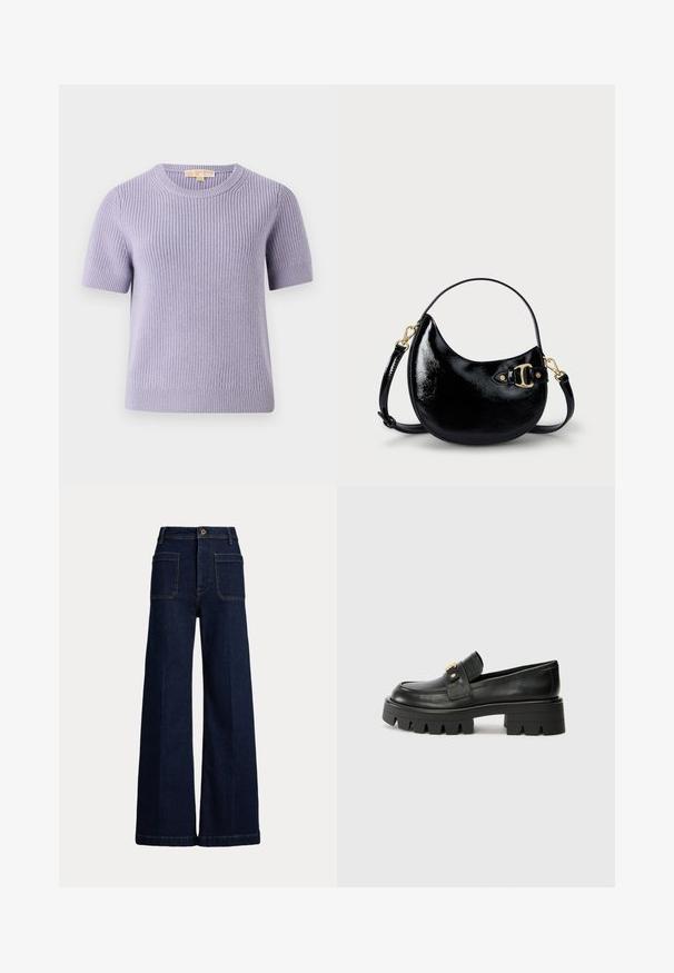 MICHAEL Michael Kors SHORT SHAKER - Jumper - sweet lilac; Wide-leg dark blue denim jeans with a high waist, five-pocket design, and contrasting stitching. Features a button closure and a structured shape.; Black leather loafers with a chunky sole, featuring a gold-tone accent on the front and a smooth finish. Chunky tread design on the sole.; Black patent leather handbag with a curved shape, adjustable strap, and gold-tone hardware detail on the side. Smooth, shiny texture.