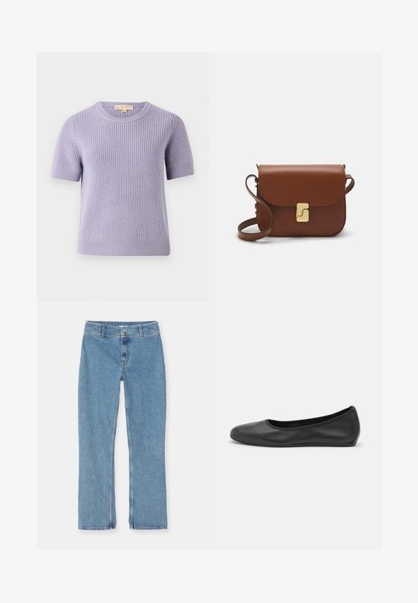MICHAEL Michael Kors SHORT SHAKER - Strickpullover - sweet lilac; Helle blaue gerade geschnittene Jeans aus Denim mit Knopf- und Reißverschluss, Gürtelschlaufen und Standardnähten auf weißem Hintergrund.; Schwarze Leder-Ballettschuhe mit abgerundeter Spitze, glatter Textur, minimalen Nähdetails und einem flexiblen Sohlen-Design.; Braune Ledertasche mit Klappenverschluss, Beschlägen in Goldfarbe, einem Schultergurt und einer glatten Oberfläche. Kompakte rechteckige Form.
