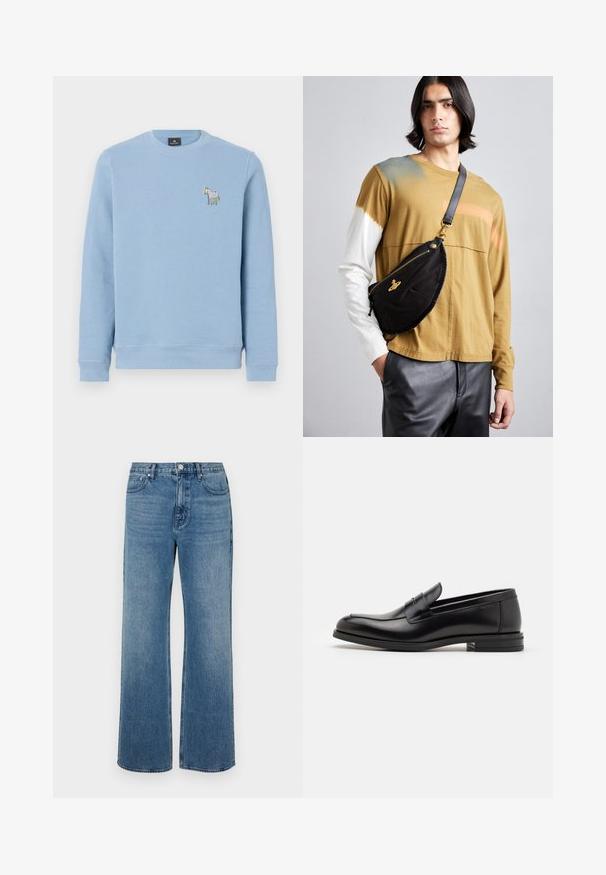 Világoskék pulóver, puha anyagból készült, kerek nyakkivágással és bordázott mandzsettákkal, amelyen egy kicsi, hímzett zebra grafika található a mellrészen.; Széles lábú, koptatott kék farmernadrág. Öt zsebből, elülső gombos záródásból és egyenes szabásból áll.; Fekete bőr loaferek sima textúrával, kerek orral és dekoratív pánttal a vampnál. Alacsony, rétegelt sarkú, minimalista dizájn.; Vivienne Westwood CITY BUMBAG UNISEX - Övtáska - black
