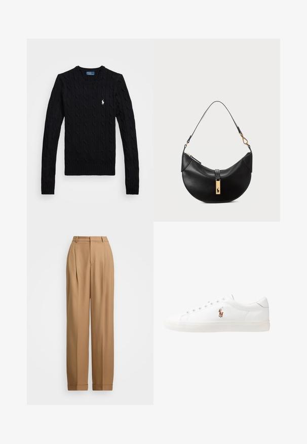 Juodas kabeliu megztas džemperis su ilgomis rankovėmis, turintis banguotą apykaklę ir rankogalius. Mažas baltas logotipas kairiajame krūtinės šone.; Smėlio spalvos pritaikyti kelnių su aukštu juosmeniu, raukšlėta priekyje, siaurėjančiomis kojomis ir pasuktomis rankogaliais. Lygus audinys su išpuoselėta tekstūra.; Baltos odinės sportbačiai, žemo profilio, su lygia tekstūra, apvalia nosimi, raištelių sistema priekyje ir mažyte siuvinėta logo šone.; Juodos odos rankinė pusmėnulio forma. Papuošta auksinėmis detalėmis ir siaura juosta. Lygi tekstūra, užtrauktuko uždarymas viršuje.