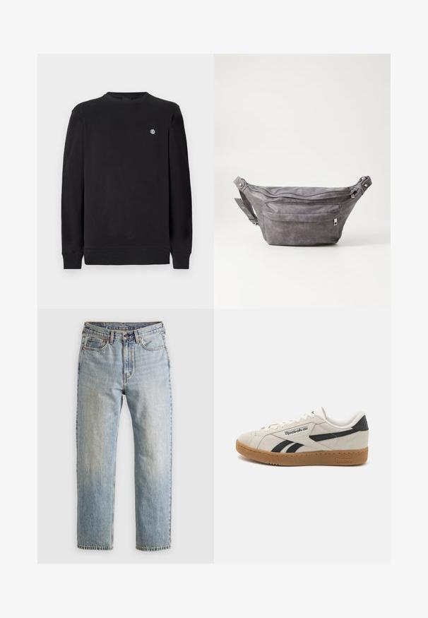 Fekete, hosszú ujjú, kerek nyakú pulóver, bal mellrészén apró fehér kör alakú logóval, bordázott mandzsettákkal és szegéllyel.; Világoskék farmernadrág magas derékkal, elülső gombbal, cipzárral és öt zsebbel, sima háttérre fektetve.; Reebok sneaker bézs velúrból fekete akcentusokkal. Jellemzője a gumi talp, a hagyományos fűzőrendszer és a párnázott nyak a kényelem érdekében.; Szürke velúr övtáska kerek formával, két cipzáras rekesszel és állítható pánttal. Fém dekorációval rendelkezik.