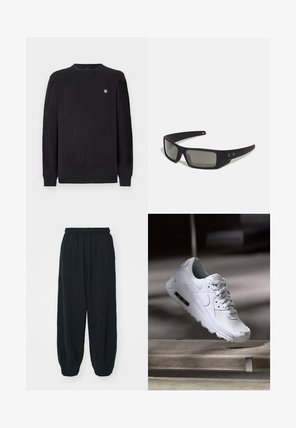 Felpa nera a maniche lunghe con collo rotondo, dotata di un piccolo logo bianco circolare sul lato sinistro del petto, polsini e orlo a costine.; Pantaloni da jogging neri con vita elasticizzata, dalla vestibilità morbida, caviglie a costina, texture liscia e senza motivi visibili o dettagli in metallo.; Sneaker Nike Air Max 90 bianco con tomaia in mesh e pelle, punta forata e un'unità air visibile nel tallone.; Occhiali da sole neri con finitura opaca, lenti rettangolari, leggero curvatura sulle tempie, dettaglio logo discreto e lenti color fumo.