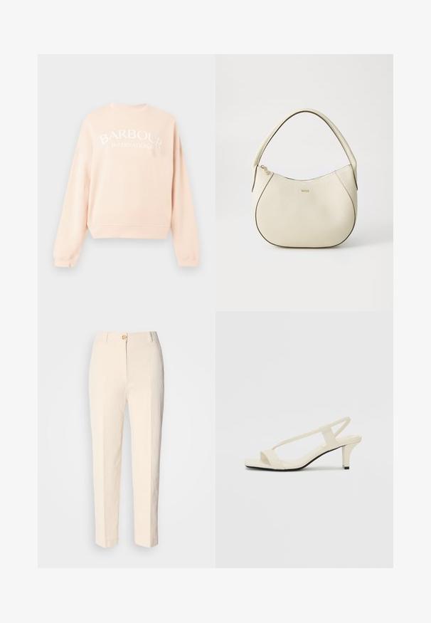 Jasnoróżowy sweter z okrągłym dekoltem i opadającymi ramionami. Na przodzie znajduje się biały napis "BARBOUR INTERNATIONAL". Miękki materiał.; Kremowe, wysokie spodnie wykonane z teksturowanej tkaniny. Posiadają zapięcie na guzik z przodu oraz zwężające się nogawki.; Beżowe sandały na blokowym obcasie z cienkimi ramiączkami i kwadratowym noskiem. Gładki materiał z minimalną ilością detali, zaprojektowane z myślą o łatwym zakładaniu.; Kremowa torebka o teksturowanym wykończeniu, zaokrąglonym kształcie, krótkim uchwycie i złotym logo. Zamek błyskawiczny na górze.