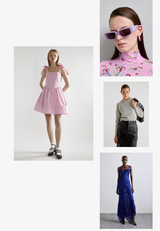 Grauer Strickpullover mit Rundhalsausschnitt und Puffärmeln, kombiniert mit einem hochTaillierten schwarzen Lederrock mit Taschen und einem Gürtel.; Rosa Baumwollkleid mit quadratischem Ausschnitt, gerafftem Rock und Bindebändern. Kombiniert mit schwarzen Mary Jane Schuhen und weißen Rüschenstrümpfen.; Maxikleid im blauen und lila Tiermuster mit dünnen Trägern, einem taillierten Oberteil, ausgestelltem Saum und transparenten Überlagerungen.; Lila rechteckige Sonnenbrille mit dunklen, getönten Linsen, getragen mit einem pinkfarbenen, gemusterten Rollkragenpullover mit floralen Designs und lebhaften Akzenten.; Rosa lackierte Handtasche mit rechteckiger Form, abnehmbarer Kettenriemen und silbernen Hardware-Details auf der Vorderseite.