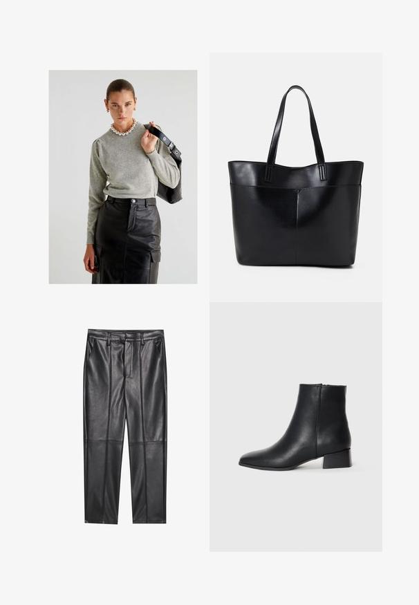 Grijze gebreide trui met ronde hals en pofmouwen, gecombineerd met een hoge, zwarte leren rok met zakken en een riem.; Zwarte leren broeken met een gladde textuur, voorzien van een rechte pasvorm, twee voorzakken en zichtbare naaddetail.; Zwarte leren enkellaars met een spitse neus en een lage blokhak, met een gladde textuur en minimalistisch ontwerp.; Zwarte leren tote bag met twee lange handvatten, een zachte textuur en een gestructureerde vorm. Voorzien van een voorvak voor extra opslagruimte.