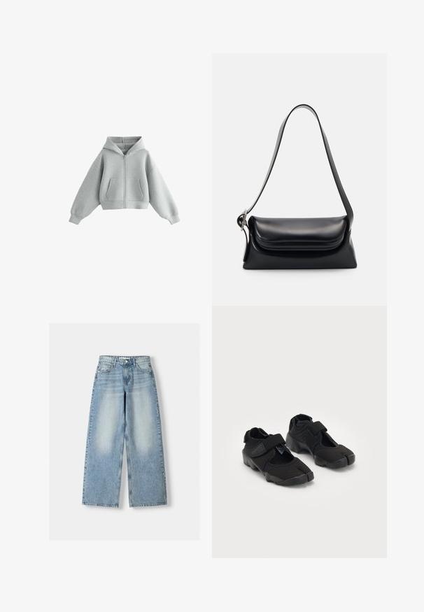 Huppari, joka on harmaa, lyhyt ja vetoketjullinen, valmistettu pehmeästä kankaasta. Siinä on huppu, kaksi etutaskua ja leveät hihat. Pintatekstuuri on sileä ilman kuvioita.; Vaaleansininen farkkukangas, leveälahkeiset farkut, joissa on korkea vyötärö, haalistunut pinta, viisi taskua ja suora leikkaus.; Mustat vesikengät, jotka on valmistettu joustavasta kankaasta ja joissa on tarranauha, erottuva halkaistun varpaan muotoilu sekä teksturoitu kumipohja pitävää otetta varten.; Musta nahkainen käsilaukku, jossa on jämäkkä muoto, sileä pinta ja yksi olkahihna. Sisältää hienovaraisen, pyöristetyn läppädesignin.