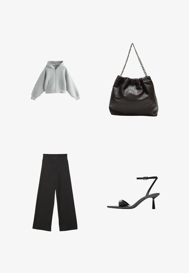 Grau geschnittene Zip-Hoodie aus weichem Stoff. Verfügt über eine Kapuze, zwei Fronttaschen und weite Ärmel. Glatte Textur ohne Muster.; Schwarze weit geschnittene Hosen mit einem hohen elastischen Bund, weichem Stoff und lockerer Passform, geeignet für legere Anlässe oder entspannte Umgebungen.; Bershka High Heel Sandalette - black; Braune Lederhandtasche mit gerafftem Oberteil und Kettenriemen. Glatte Textur mit glänzendem Finish und subtilen Nahtdetails an den Seiten.