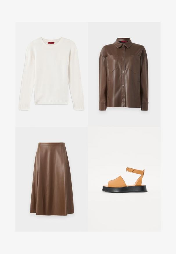 Kremkrāsas garu piedurkņu adīts džemperis ar apaļu kakla izgriezumu un ribotām aprocēm un apakšmalu, izplatīts uz baltā fona.; Brūns mākslīgās ādas krekla jaka ar apkakli, priekšējo pogu aizdari un divām krūšu kabatām. Iezīmējas ar gludu tekstūru un pieguļošu fitu.; Brūna ādas A-veida svārki ar gludu tekstūru un vidēju garumu. Iezīmēts ar piegulstošu jostasvietu un nelielu izplešanos no gurniem.; Brūni ādas sandeļi ar platu priekšpusi, atvērtu purngalu, regulējamu jostu un biezu melnu platformas zoli. Gluda tekstūra un minimāls dizains.