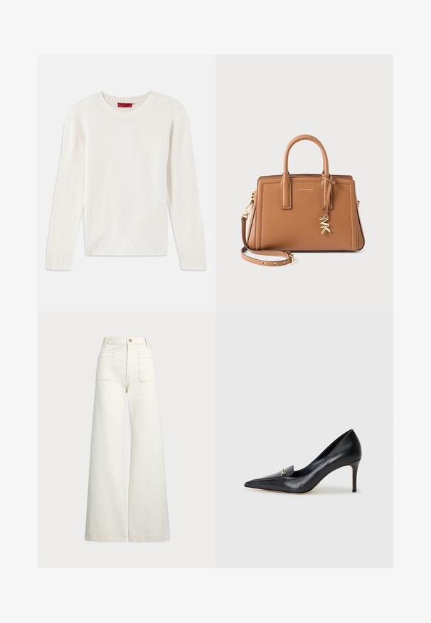 Maglione a maniche lunghe color crema in maglia con collo rotondo e polsini e orlo a costine, steso su uno sfondo bianco.; Camicia fitted a maniche lunghe di colore azzurro chiaro con colletto a punta e bottoni frontali nascosti, vita sagomata e polsini con bottoni.; Jeans a gamba larga in denim bianco sporco. Design a vita alta con chiusura a bottone, due tasche frontali e dettagli di cucitura a contrasto.; Décolleté in pelle nera con punta affusolata, scollatura bassa e un accento decorativo dorato. Presenta un tacco a stiletto e una superficie liscia.; Borsa a mano in pelle marrone con doppi manici, tracolla removibile, charm "MK" color oro e logo Michael Kors sulla parte anteriore.