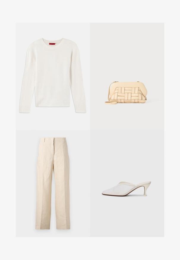 Tej bézs színű, hosszú ujjú kötött pulóver, kerek nyakkal, bordázott mandzsettával és aljjal, fehér háttéren kifektetve.; Beige len vászonnadrág laza fazonnal, plisszírozott elülső résszel és egyenes lábakkal. Jellemzője a derékpánt övhurkokkal és látható zsebek nélkül.; Fehér hálós, hegyes orrú mules cipő, vékony, középmagas sarkával és slip-on kialakításával, egyszerű háttér előtt.; Szőtt bézs táska, amelynek struktúrált kialakítása van, sima tetejével és hosszú pántjával. A texturált részletek fokozzák az összhatást.