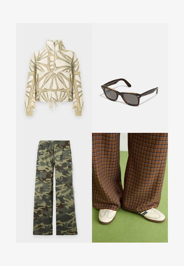 Fleece pullover with high collar, light cream and tan abstract pattern, front zipper, front pocket, and adjustable drawstring at hem.; Camo-patterned cargo pants in shades of green and brown, featuring a wide-leg design, elastic waistband, and side pockets with stripes.; Brown and blue plaid wide-leg trousers paired with white shoes featuring black accents and textured soles, set against a green background.; Tortoiseshell sunglasses with gray lenses and a square frame, featuring metallic accents on the temples and logo within the design.