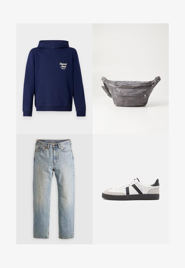 Felpa blu navy con tasca a canguro frontale, polsini a costine e logo sul petto. Realizzata in tessuto morbido con una superficie liscia.; Jeans in denim azzurro chiaro con vita alta, bottone anteriore, cerniera e design a cinque tasche, adagiati su uno sfondo neutro.; Sneaker bianco con accenti neri e grigi, dotata di una punta grigia testurizzata, suola in gomma nera e lacci bianchi piatti. Design pulito, stile minimalista.; Fanny pack in suede grigio con forma arrotondata, due scomparti con cerniera e tracolla regolabile. Presenta dettagli in metallo.