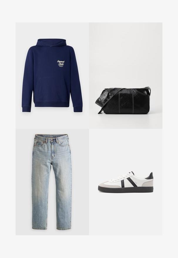 Navy blue hoodie with a front kangaroo pocket, ribbed cuffs, and a logo on the chest. Made from soft fabric with a smooth texture.; Light blue denim jeans with high waist, front button, zipper, and five-pocket design, laid flat on a neutral background.; White sneaker with black and gray accents, featuring a textured gray toe cap, black rubber sole, and flat white laces. Clean design, minimalist style.; Black leather shoulder bag with a zip closure, featuring a textured body, white stitching, and a strap with silver grommets.