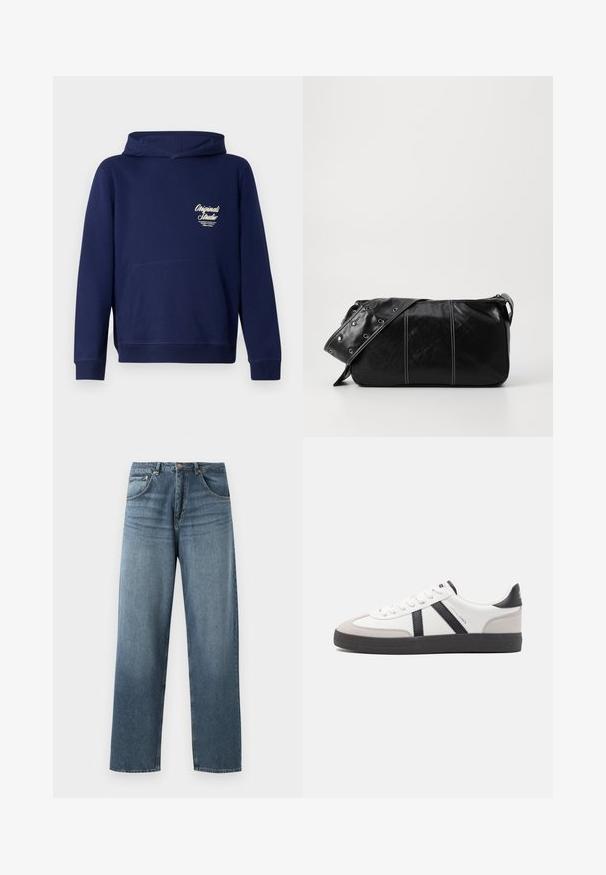 Navy modrá mikina s klokaní kapsou vpředu, žebrovanými manžetami a logem na hrudi. Vyrobena z měkké tkaniny s hladkým povrchem.; Džíny s rovnými nohavicemi, modré jeansy s vybledlým vzhledem, s pěti kapsami, kovovým knoflíkem a poutky na opasek. Strukturovaná, středně těžká látka.; Bílé tenisky s černými a šedými akcenty, opatřené texturovaným šedým prstovým krytem, černou gumovou podrážkou a plochými bílými tkaničkami. Čistý design, minimalistický styl.; Černá kožená kabelka přes rameno se zapínáním na zip, s texturovaným tělem, bílým prošíváním a popruhem se stříbrnými očky.