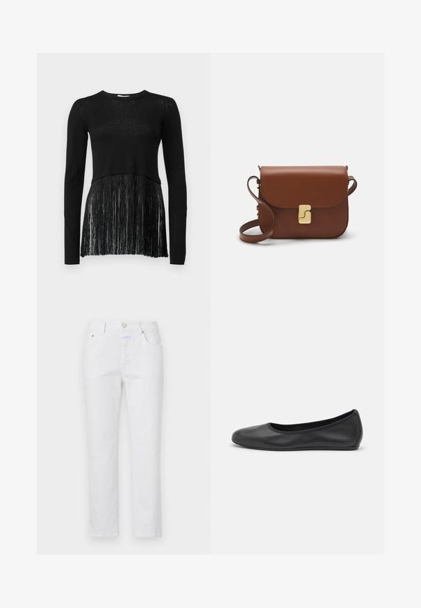 Schwarzes Langarmoberteil mit einem gestrickten Oberteil und einem fransigen unteren Abschnitt. Die Textur ist oben glatt und am Saum fransig.; Weißes kurzärmliges T-Shirt aus geripptem Stoff. Runder Halsausschnitt, normale Passform und dezente Nähte. Keine Muster oder Grafiken.; Weiße Jeans mit geradem Bein, fünf Taschen und einem Metallknopfverschluss. Verfügt über eine dezente Textur und helle Nähte.; Schwarze Leder-Ballettschuhe mit abgerundeter Spitze, glatter Textur, minimalen Nähdetails und einem flexiblen Sohlen-Design.; Braune Ledertasche mit Klappenverschluss, Beschlägen in Goldfarbe, einem Schultergurt und einer glatten Oberfläche. Kompakte rechteckige Form.